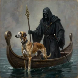 The grim robed boatman of the river styx adopts an undead borzoi to be his companion in hades, realistic fantasy artwork, greek mythology, oil painting on matte canvas