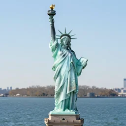 photo of glass statue of liberty on bedloe's island overlooking the ocean, transparent glass