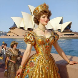 a beautiful realistic painting of isabelledeltore in the 1 9 8 0 s carnival in front of the sydney opera house and sydney harbour, australia intricate, elegant, highly detailed, digital painting, artstation, concept art, by krenz cushart and artem demura and alphonse mucha