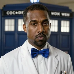kanye west as the doctor! with blue bowtie! in doctor who, doctor who, tardis!! tardis! movie still, detailed face, cinematic lighting, ray tracing, octane render, long lens, shallow depth of field, bokeh, anamorphic lens flare, 8 k, hyper detailed, 3 5 mm film grain