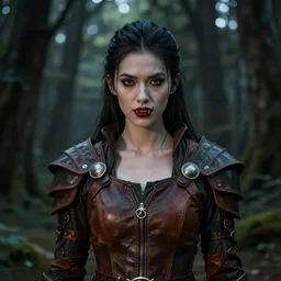 Establishing shot, dramatic atmospheric dark forest scenery, girl with vampire-fangs clad in modest hide leather armor, hyperdetailed, symmetrical face, beautiful concept art, artstation, cgsociety, 8k