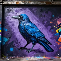 Crow graffiti, vibrant, blue and purple