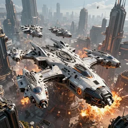 [six giant futuristic scifi-bombers], hypermaximalistic, high details, cinematic, 8k resolution, beautiful detailed, insanely intricate details, artstation trending, octane render, unreal engine, [a baroque cyberpunk city in the background], [explosions and fire]