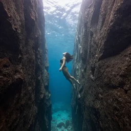 wide angle view, underwater looking up, woman model swimming in large tall rock trench , toward the sun rays and caustics, film , cinematic, underwater photography