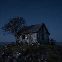 A singular decrepit cottage on a mountaintop at night, by Lee Madgwick, hyperrealistic, V-Ray 8k UHD