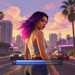 a stunning GTA V loading screen with a beautiful woman with ombre hairstyle in purple and pink blowing in the wind in the city at sunset, outrun, vaporware, neon lights, sky scrapers, palm trees, retro, beautiful sky with cumulus couds, digital art, trending on artstation