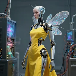 portrait photo of a biomechanical an elegant beekeeper cyborg with yellow dress plugged into a quantum computer with cables and wires and optic fibers. cyberpunk horror style. art by luis royo. highly detailed 8 k. intricate. nikon d 8 5 0 5 5 mm. award winning photography.