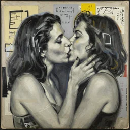 oil on canvas of two women kissing, basquiat style, mixed media, n-9