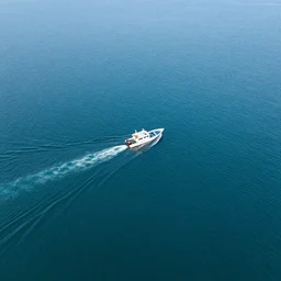 top down view of a small boat in the middle of the ocean, with a giant sea monster swimming up underneath the boat, digital painting,