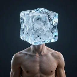 human with cube of ice instead of his head, digital art