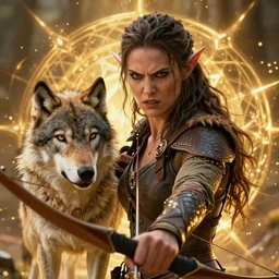 Photorealistic cinematic close-up portrait of only one powerful angry female D&D elf ranger, holding a longbow, with a pet wolf, by Larry Elmore and Steven Belledin .  Magical occult photorealism, UHD, amazing depth, glowing, golden ratio, 3D octane cycle unreal engine 5, volumetric lighting, cinematic lighting, cgstation artstation concept art