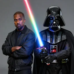 rapper kanye west and ( ( ( darth vader ) ) ) with a rainbow lightsaber, sci fi, artstation, high quality, detailed