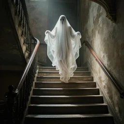 vintage photograph of a ghost floating down old stairs
