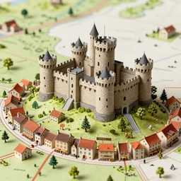 extreme close up!!! of a castle on a minimalistic illustrated map of steampunk small town, vivid color scheme, sharp focus, clear image, hyper realistic, by renaissance cartography