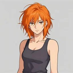 character portrait of a cool girl with messy orange hair, messy hair, wearing a tanktop, highly detailed, lesbian, stylized, medium shot, vector line art, clean cel shaded vector art, by ross tron, lois van baarle, artgerm, helen huang, makoto shinkai, ilya kuvshinov, rossdraws