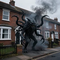 black eldritch smoke and tendril monsters in a typical english housing estate
