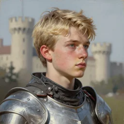 a blonde male teenager wearing a silver plate armor, digital painting, digital art, oil painting, masterpiece, realistic and detailed face, profile picture, realistic, highly detailed, high quality, symmetrical, low contrast, trending on deviantart, soft colors, soft lighting, face portrait, beautiful, elegant, anatomically correct, castle in the background, bokeh, dof