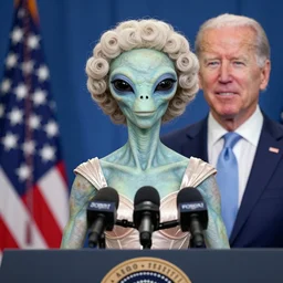 photograph of an alien wearing a wig and a dress and (((Joe Biden))) at a press conference, highly detailed, 4K