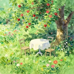 a painting of a summer garden with white table, tall grass, chairs and apple trees, shadow, flowers, watercolor, color pensils and pastel, lovely, nostalgic, beautiful, impressionist, wonderful, art by makoto shinkai and hayao miyazaki