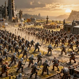 photo taken of an epic intricate, ultra detailed miniature modular, battlefield diorama created by weta workshop, zoomed in shots focussing an army of high elves battling a horde of orcs, with highly detailed exquisitely painted 3 d printed characters, cinematic wide shot, photorealistic, sharp focus, f 0. 4, golden ratio, golden hour