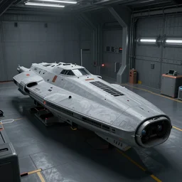 A smooth grey starship is sitting in a hangar, Eve Online, Star Citizen, Elite: Dangerous, No Man's Sky.