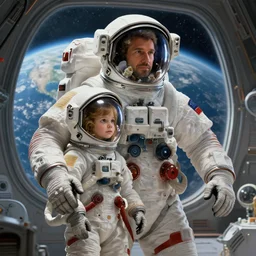 a fully suited father astronaut with his fully suited daughter, astronaut helmets, space station, earth on the window, deep focus, fantasy, intricate, elegant, highly detailed, digital painting, artstation, concept art, matte, sharp focus, illustration, hearthstone, art by artgerm and greg rutkowski and alphonse mucha