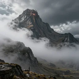 a detailed, award winning national geographic photo, of mist gliding down the slopes of mordor, with the eye of sauron watching from above, high definition slr photo