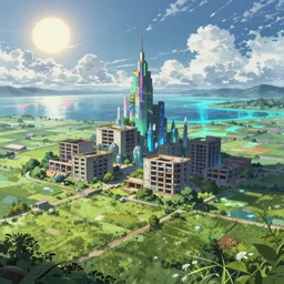 a beautiful ultradetailed anime illustration of farmland architecture nature unfinished building city urbex by caspar david friedrich, meadow otherworldly biopunk futuristic magic realism laser lake cloudy night fisheye morning sun retrowave thermal vision crystal junglepunk myst thermal imaging, archdaily, wallpaper, highly detailed, trending on artstation.