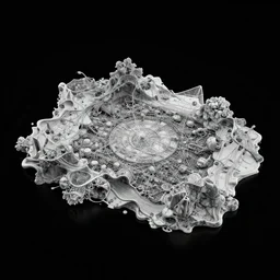 a photorealistic render of a planimetry, on a black background, greyscale, made of melted plastic and marble, c 4 d, by zhelong xu ouchh studio and ernst haeckel, wide angle, hyper realistic, plain black background, 8 k, volumetric lightning, octane render