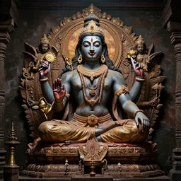 sacred hindu flesh temple, shiva statue at the center, angel statue motives, 8 0's horror movie film still, highly detailed, symmetry, award - winning photography, 1 2 0 mm