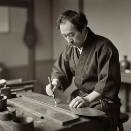 Portrait of a 19th century Japanese man forging an elongated metal plate at a Kyoto knifemaker workshop, 1900s photography