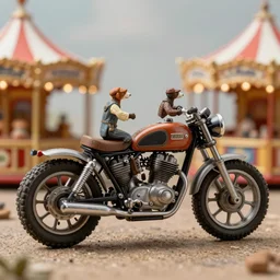 A tiny Victorian amusement fair with steam powered rides being enjoyed by minuscule camals inside a deconstructed motorcycle engine.