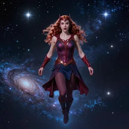 a beautiful Scarlett witch, floating in space, stars, galaxy, HDR, dreamscape, dramatic lighting, fantasy art illustration, trending on artstation, Aetherpunk