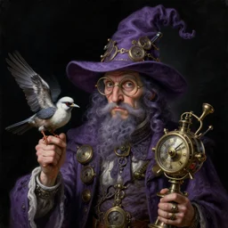 a baroque close - up portrait painting of a dark purple whimsical steampunk wizard holding a bird and a time machine. black background. highly detailed science fiction painting by norman rockwell, moebius, frank frazetta, and syd mead. high contrast. renaissance masterpiece. artstation