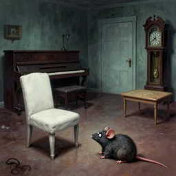 cinematic colorful horror artwork by artgerm, beksinski, lovecraft, mark brooks ; ugly furry mouse on floor of empty room with soft white chair with footrest, empty bench that was tucked neatly under the piano, empty small play table, old grandfather clock near the doorway ; hainted creepy scary dramatic