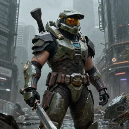 character portrait of a big beefy female warrior wearing mjolnir armor from halo infinite in a desolate cyberpunk wasteland city, 8 k, ultra realistic, matte painting, moody lighting, good value control, concept art, digital painting, realistic shading, sharp focus, wet, heavy rain, rainstorm, john singer sargent, william - adolphe bouguereau, masami suda