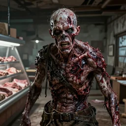 butcher angry rotting zombie, detailled portrait, dilapidated butchery interior, feeling of grimdark horror, daytime, high contrast, ultra intricate detailed, octane render, unreal engine