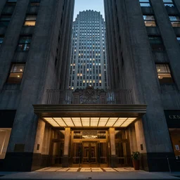 photo of a  large entrance hall of an art-deco skyscraper, dramatic lighting