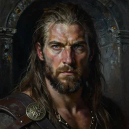 a highly detailed painting of a rugged barbarian with piercing eyes, dimly lit dark tomb by marc simonetti and michael whelan