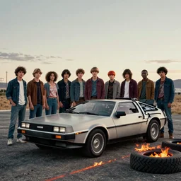 eleven from stranger things standing next to the delorean from (back to the future), real life, fire trails behind tires, photoshoot, hyper realistic