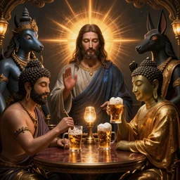 jesus and buddha in a bar drinking brear with vishnu and anubis, portrait. Artstation. Da vinci.