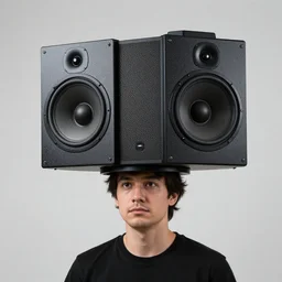 man with high tech esoteric design loudspeakers on his head