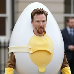 benedict cumberbatch wearing an eggs benedict mascot costume, body of an egg face of benedict cumberbatch