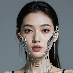portrait of a beautiful futuristic woman layered with high-tech jewelry wrapping around her face and head, 2063