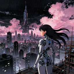 android mechanical cyborg anime girl overlooking overcrowded urban dystopia. long flowing hair. scaffolding. pink pastel clouds. gigantic future city. pitch black night. raining. makoto shinkai. wide angle. distant shot. dark and dreary.