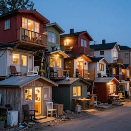 mobile photo street scene of a creatively built shanty town in skanstull, stockholm sweden. cables, furniture, electronics, ikea, electricity, wifi, tiny housing, cosy, many small lights, small spaces, clean, tidy, indoor lighting outside, dramatic lighting, dusk, dusty, architecture, archviz.
