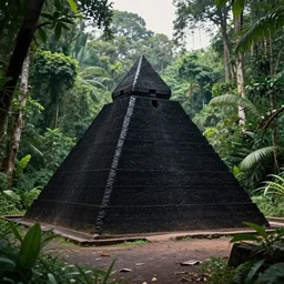 old photo of black pyramid in a jungle, 2022