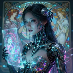 ultra realistic, beautiful female cyborg, divine beauty, sci-fi, neon glass lights, hologram, intricate details, eerie, ominous, highly detailed, octane render, 4k, 8k, art by artgerm and alphonse mucha and moebius, trending on artstation