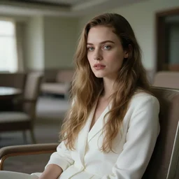cinestill 5 0 d portrait of a dreamy beautiful woman britt marling 3 / 4 by liebovitz sitting in a dystopian abandoned hotel like shining movie by kubrik, long hair, wearing in white, 8 k, elegant, highly detailed, cinematic colors rendering, soft blur, artstation, sharp focus, head in focus,