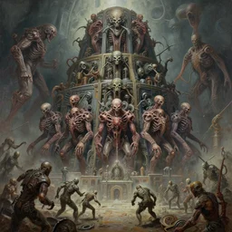 oil paint of 1 1 horrifying machines as mainframe inside flayed gods in tiers, colossal medical gangrene machines in tiers, dethroning / we machines / melee, battle pit, by basil gogos, shigeru komatsuzaki, wayne d barlowe, stefano tamburini, ember light, muted colors, epic, hyper detailed, awe inspiring, award winning horror,